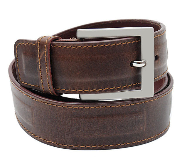 RL Brown Oilpullup Designer Stitched And Ribbed Belt - [walletsnbags_name]