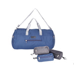 Load image into Gallery viewer, A blue duffel bag with light gray handles and shoulder strap, shown alongside three smaller packed versions in gray, blue, and dark gray on a white background. A small front patch reads KANU.
